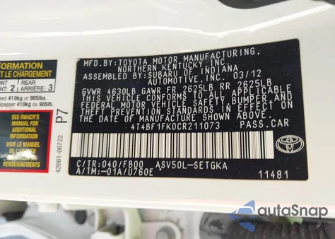 2012 Toyota Camry Xle from USA, damaged, VIN 4T4BF1FK0CR211073